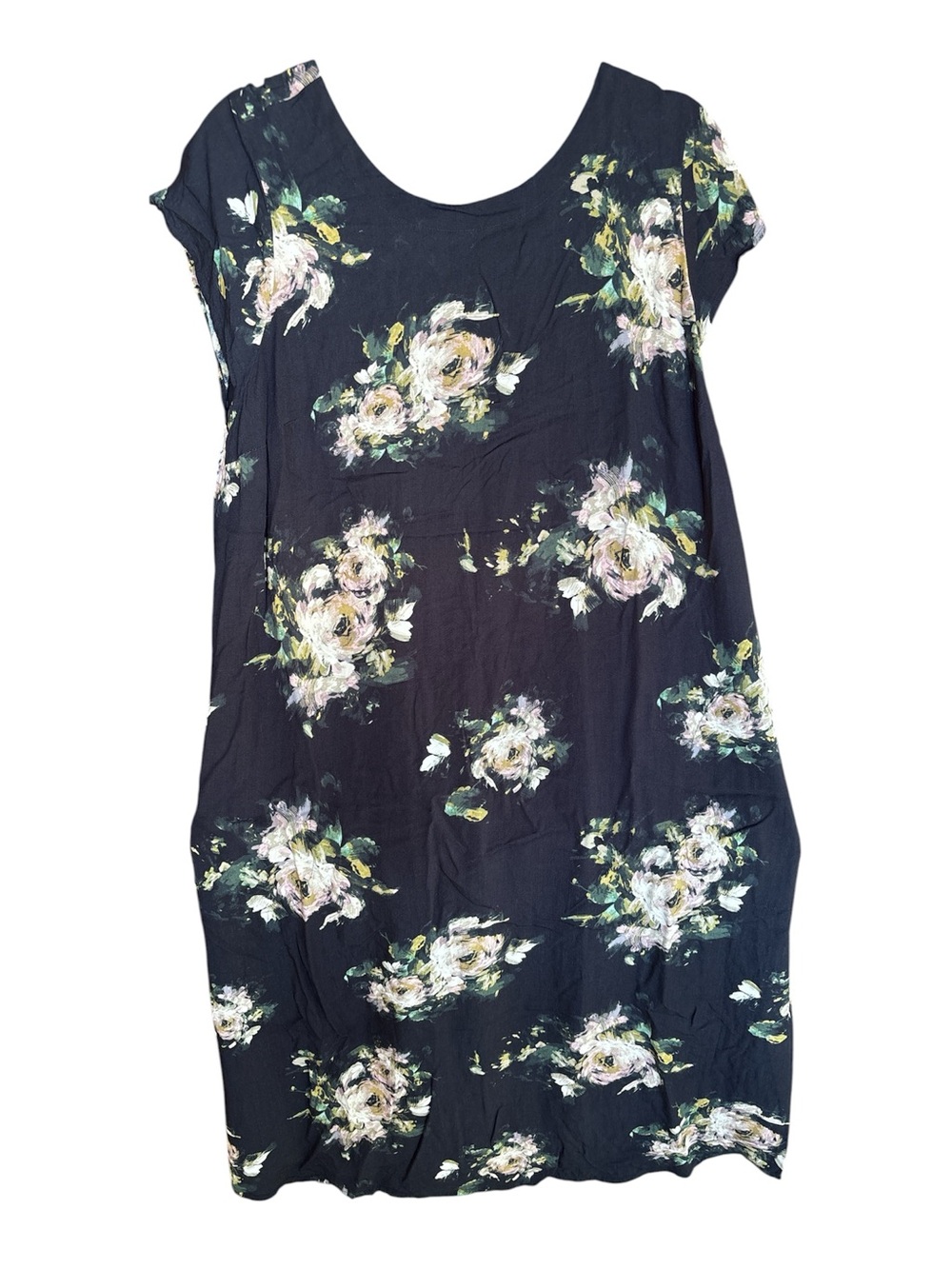 J. Jill Navy Floral Scoop-Neck Midi Dress with Cream & Green Blooms